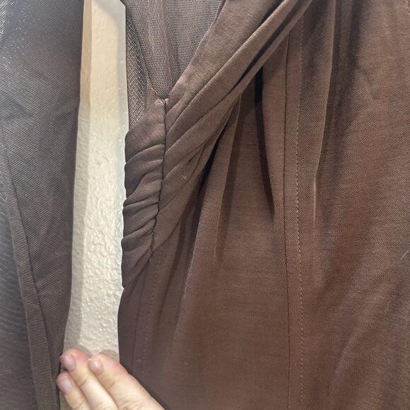 Vtg Tadashi Shoji Brown Long Mesh Sheer Sleeves Dress Formal Evening Gown SZ L - Picture 13 of 16